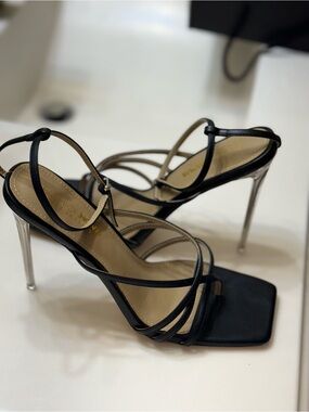 Fashion Nova Black Strappy Stiletto Sandals with Silver Heels